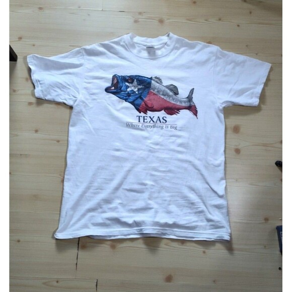 Vgt Y2K Bass Fishing Texas Where Everything is Big   Mens T-Shirt Large White - Picture 1 of 7